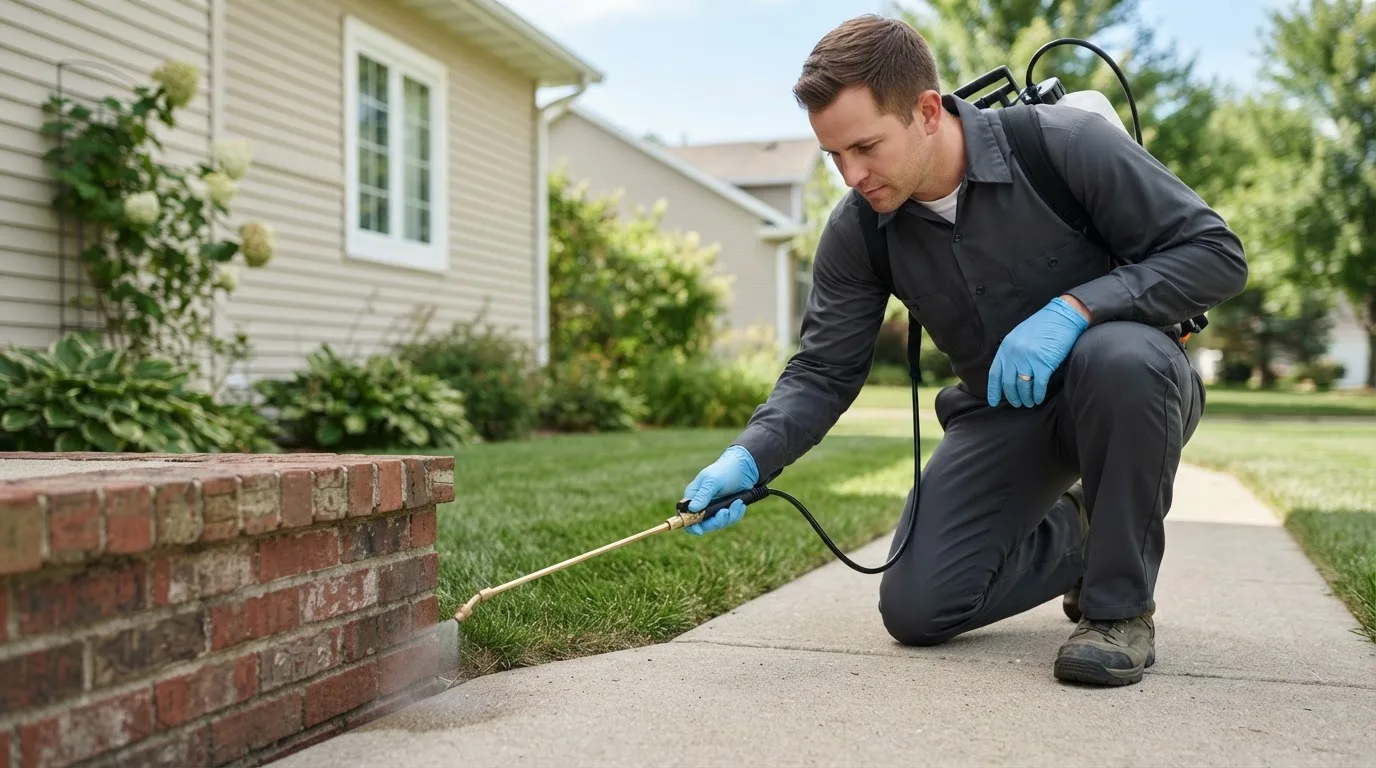 Pest control technician treating a home near Hillsdale, PA